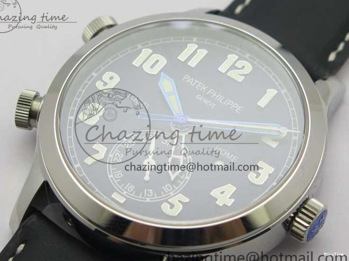 MIROTIME 0404 Practical Calatrava 5524 Pilot Travel Time SS GRF Blue Dial on Black Leather Strap A324 V 7107